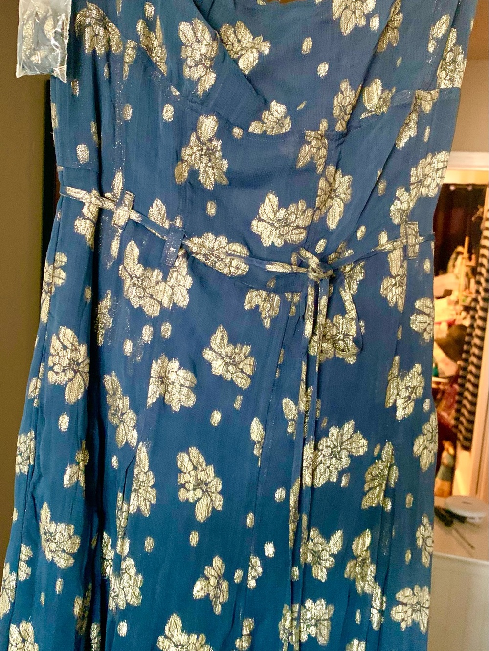 NWT Anthropologie Strapless Shine Wide-Leg Jumpsuit Navy Gold Floral Size 16 - Picture 12 of 12
